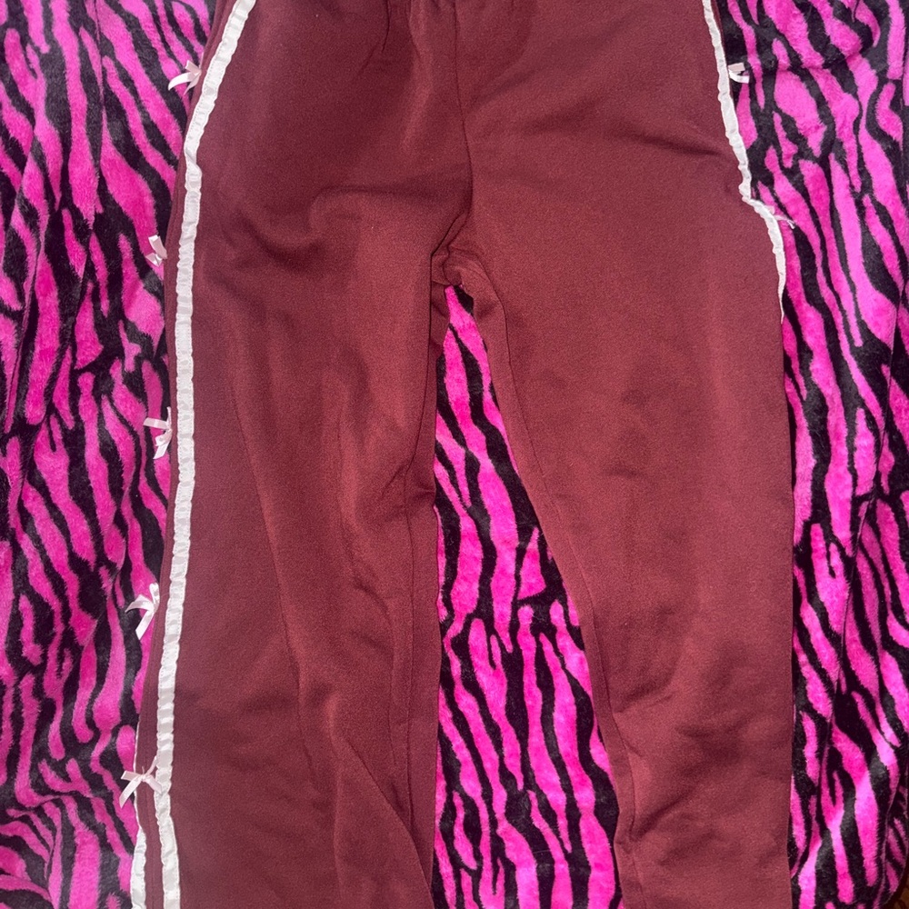 Derek Heart Burgundy Joggers with White Stripes and pink bows